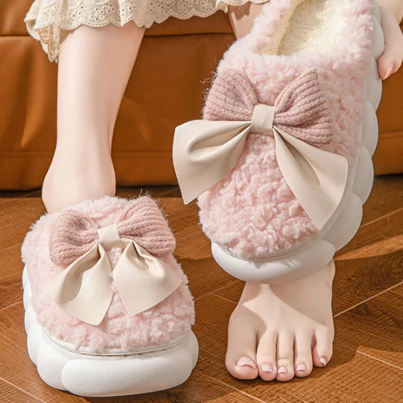 Elegant Plush Bow Comfort Slippers